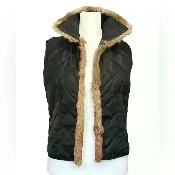 Custom made Navy Reversible Quilted Vest with Fur Collar. Size S/M - Picture 1 of 7